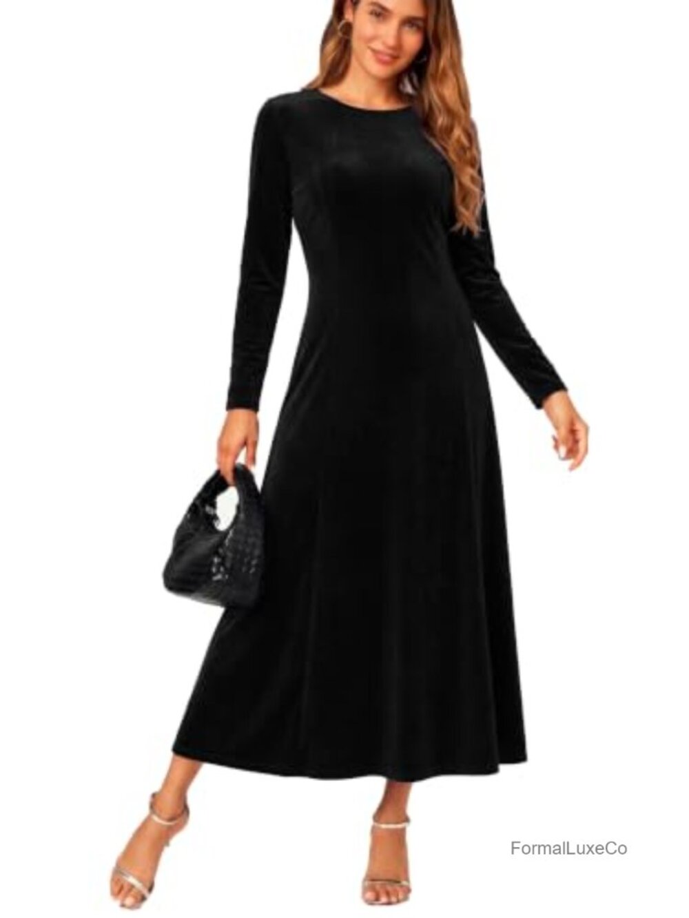 Women's Velvet Midi Dress Scoop Neck Long Sleeve Ruched Evening Party Wedding